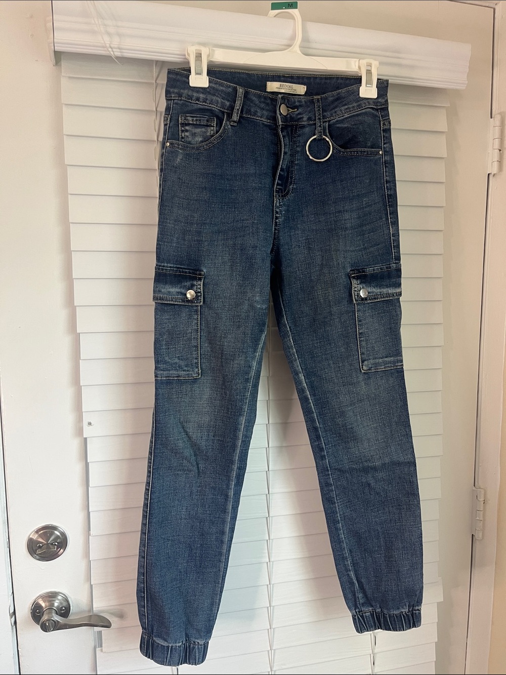 Women’s Dark Blue Boyfriend Cargo Jeans with Ring Accent